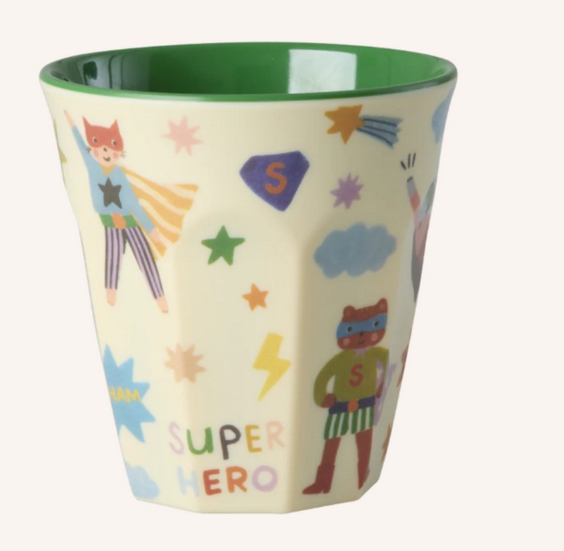 Bicchiere acqua in melamina decorato con supereroi con interno verde